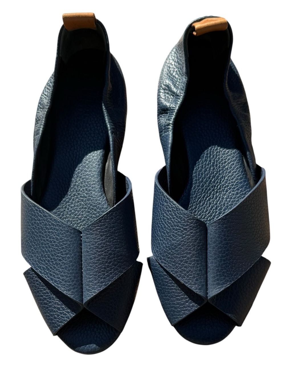 Mercedes Castillo Navy Leather Peep Toe Sandals 8.5 Quiet Luxury Minimalist